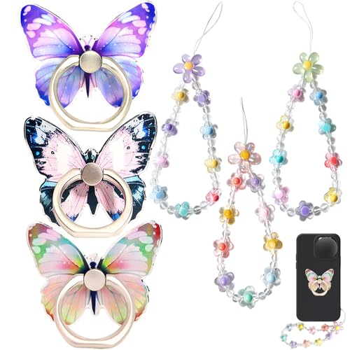 BSITSSS 3 Stück Schmetterlings Handy Ring, Handy Ring Halterung, 360 Handy Ringhalter Handy Ring Handy Griff Handyring mit 3 Stück Handy-Bänder von BSITSSS