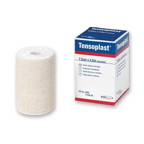 BSN - Tensoplast Elastische Klebebinde, Weiche Kanten und poröses Klebematerial, Gelbe Mittellinie, Größe 4,5 m x 7,5 cm, 1 Stück BSN - Tensoplast Elastische Klebebinde, Weiche Kanten und poröses Klebematerial, Gelbe Mittellinie, Größe 4,5 m x 7,5 cm, 1 Stück von BSN medical