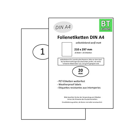 BT-Label 20 Folien-Etiketten Aufkleber auf 20 DIN A4 Blatt Klebefolie Etiketten Wetterfest 210 x 297 mm weiß selbstklebend bedruckbar mit Laserdrucker zum Beschriften von BT-Label