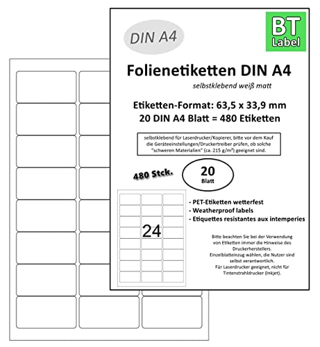 BT-Label 480 Polyesteretiketten (Format 63,5 x 33,9 mm) auf 20 DIN A4 Blatt Klebeetiketten Folie Wetterfest weiß (24 pro A4 Blatt) selbstklebend bedruckbar mit Laserdrucker von BT-Label