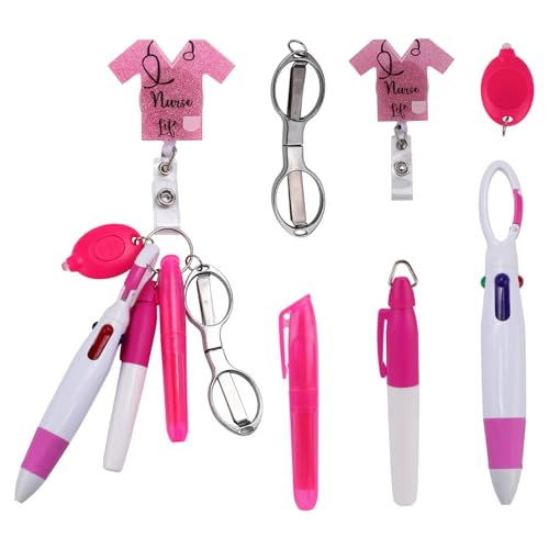 BTFO 6 Stk Krankenschwester Stifteset, Abzeichen Stifte für Krankenschwestern Inklusive Markierstift Einziehbarem Kugelschreiber Faltbarer Schere Taschenlampe (Rosa, Abzeichen in Hemdform) von BTFO