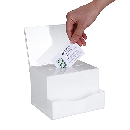 BTSKY Acryl Vorschlagsbox mit Schloss, Acryl Spendenbox mit Schildhalter, Büro Wahlurne mit Tasche Sammelbox für Abstimmung Verriegelung Briefkasten, Vorschlagsbox mit abnehmbarem Schildschlitz (Weiß) von BTSKY