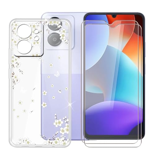 BUNAL für Blackview Color 8 (6.75") Handyhülle + Displayschutz(2 Sätze), Silikon Hülle rutschfeste Stoßfest Sturzsichere Schutzhülle Weich Bumper Case - Transparente Blumen von BUNAL