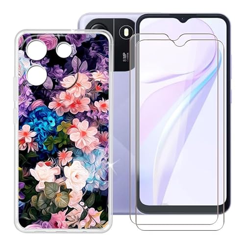 BUNAL für Blackview Wave 6C (6.50") Handyhülle + Displayschutz(2 Sätze), Silikon Hülle rutschfeste Stoßfest Sturzsichere Schutzhülle Weich Bumper Case - Blumenbüschel von BUNAL
