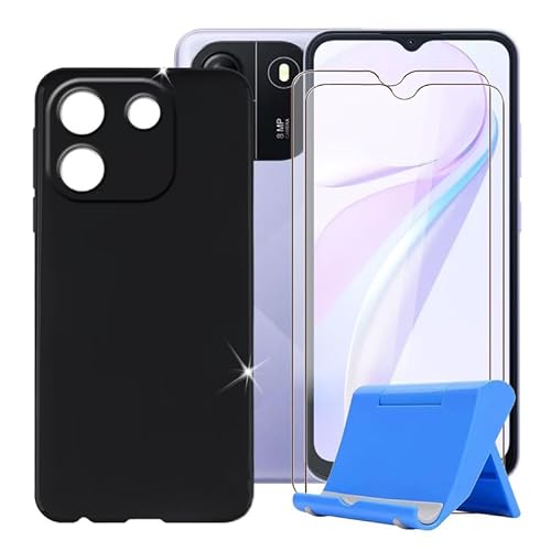 BUNAL für Blackview Wave 6C (6.50") Handyhülle + Displayschutz(2 Sätze), Silikon Hülle rutschfeste Stoßkasten Schale Schutzhülle + Gehärtetes Glas mit Mobiltelefonhalterung - Schwarz von BUNAL
