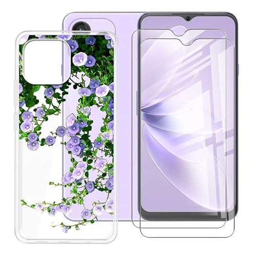BUNAL für Cubot P80 (6.58") Handyhülle + (2 Sätze) Gehärtetes Glas, Transparente Silikon Handyhülle, rutschfeste Schutzhülle, Stoßfest Handyhülle-Lila Blumen von BUNAL