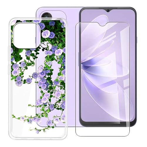 BUNAL für Cubot P80 (6.58") Handyhülle + Gehärtetes Glas, Transparente Silikon Handyhülle, rutschfeste Schutzhülle, Stoßfest Handyhülle-Lila Blumen von BUNAL