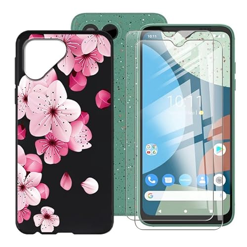 BUNAL für Fairphone 4 (6.30") Handyhülle + (2 Sätze) Gehärtetes Glas, Schwarz Silikon Handyhülle, rutschfeste Schutzhülle, Stoßfest Handyhülle-Rosa Blumen von BUNAL