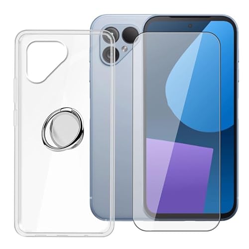 BUNAL für Fairphone 5 (6.46") Handyhülle + Gehärtetes Glas, Silikon Hülle rutschfeste Stoßfest Sturzsichere Schutzhülle mit Handy Ring Handyhalter Fingerhalter 360° - Transparent von BUNAL