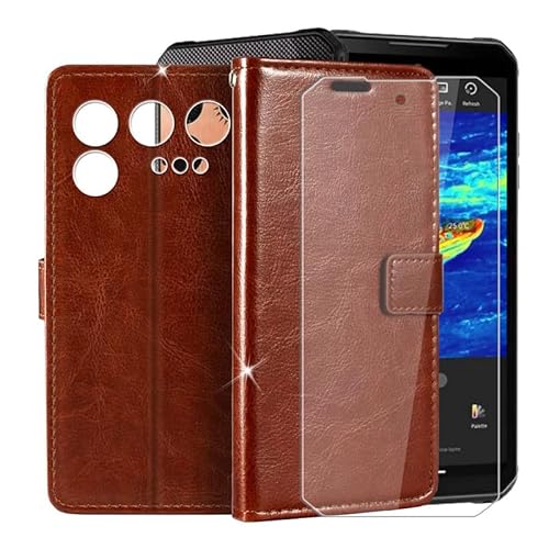 BUNAL für IIIF150 Raptor (6.80") Hülle + Gehärtetes Glas, Echtleder Handyhülle mit weicher TPU-Rückseite Flip Case Cover mit Kartenhalter und Ständer - Braun von BUNAL