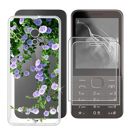 BUNAL für Nokia 235 4G 2024 (2.80") Handyhülle + Displayschutz(2 Sätze), Silikon Hülle rutschfeste Stoßfest Sturzsichere Schutzhülle Weich Bumper Case - Lila Blumen von BUNAL
