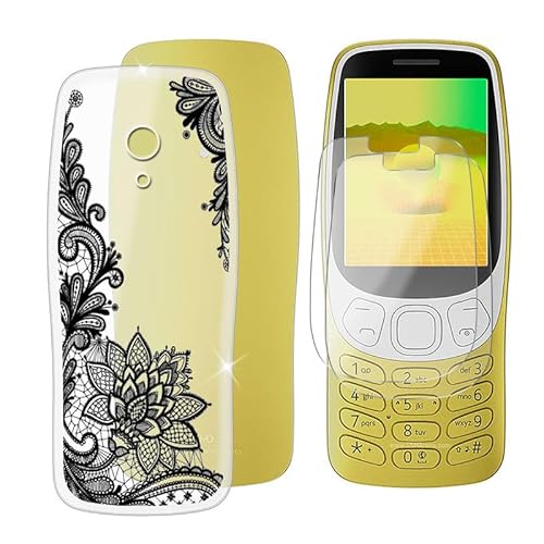 BUNAL für Nokia 3210 2024 (2.40") Handyhülle + Displayschutz(2 Sätze), Silikon Hülle rutschfeste Stoßfest Sturzsichere Schutzhülle Weich Bumper Case - Schwarzes Blumenmuster von BUNAL