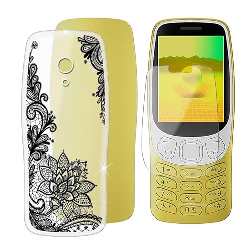 BUNAL für Nokia 3210 2024 (2.40") Handyhülle + Gehärtetes Glas, Silikon Hülle rutschfeste Stoßfest Sturzsichere Transparent Schutzhülle - Schwarzes Blumenmuster von BUNAL