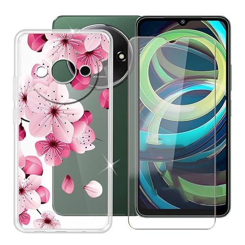 BUNAL für Redmi A3 (6.71") Handyhülle + Gehärtetes Glas, Silikon Hülle rutschfeste Stoßfest Sturzsichere Transparent Schutzhülle - Rosa Blumen von BUNAL
