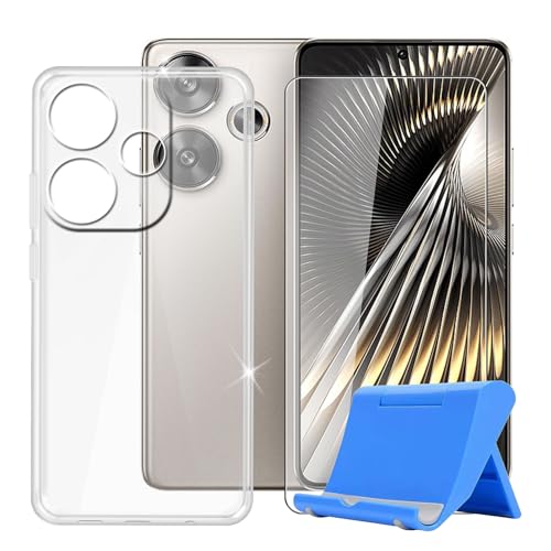 BUNAL für Redmi Turbo 3 (6.67") Handyhülle + Gehärtetes Glas, Silikon Hülle rutschfeste Stoßfest Sturzsichere Transparent Schutzhülle mit Mobiltelefonhalterung - Transparent von BUNAL