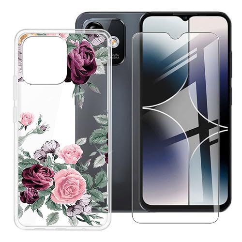 BUNAL für Ulefone Note 16 Pro (6.52") Handyhülle + Gehärtetes Glas, Transparente Silikon Handyhülle, rutschfeste Schutzhülle, Stoßfest Handyhülle-Blumen von BUNAL