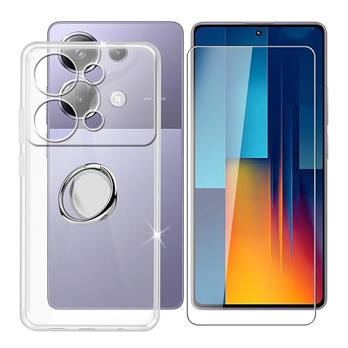 BUNAL für Xiaomi Poco M6 Pro 4G (6.67") Handyhülle + Gehärtetes Glas, Silikon Hülle rutschfeste Stoßfest Sturzsichere Schutzhülle mit Handy Ring Handyhalter Fingerhalter 360° - Transparent von BUNAL