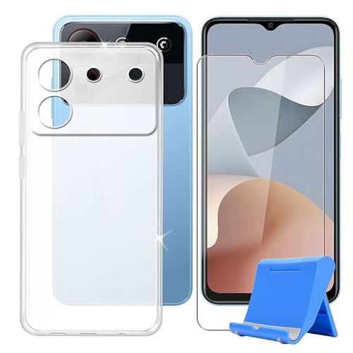 BUNAL für ZTE Blade A54 (6.60") Handyhülle + Gehärtetes Glas, Silikon Hülle rutschfeste Stoßfest Sturzsichere Transparent Schutzhülle mit Mobiltelefonhalterung - Transparent von BUNAL