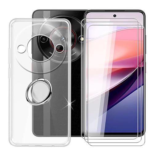 BUNAL für ZTE Nubia Focus 5G (6.60") Handyhülle + Displayschutz(3 Sätze), Silikon Hülle rutschfeste Stoßfest Sturzsichere Schutzhülle Weich Bumper Case mit Handy Ring Handyhalter - Transparent von BUNAL