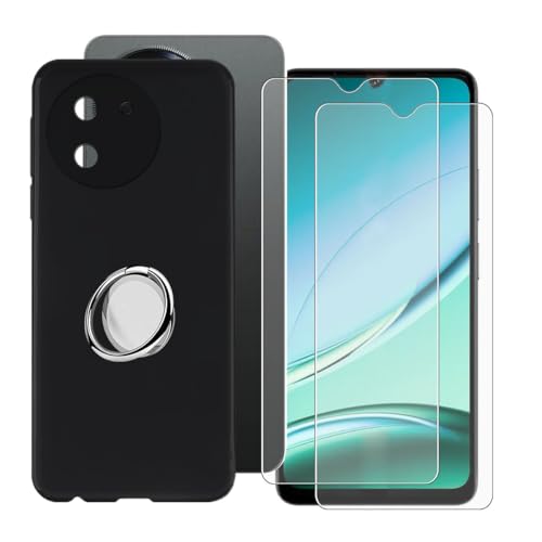 BUNALFaa Hülle + (2 Sätze) Gehärtetes Glas für Doogee Note 59 Pro+ (6.75") Handyhülle Silikon Cover Schutzhülle Schale Black Schutzhülle Bumpe r- mit Handy Ring Handyhalter Fingerhalter 360° - Schwarz von BUNALFaa