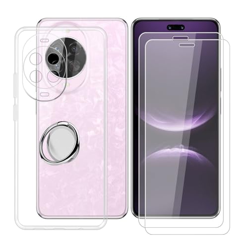BUNALFaa Hülle + (2 Sätze) Gehärtetes Glas für Huawei Nova 14 Pro (6.78") Handyhülle Silikon Cover Schutzhülle Schale Schutzhülle Bumper - mit Handy Ring Handyhalter Fingerhalter 360° - Transparent von BUNALFaa