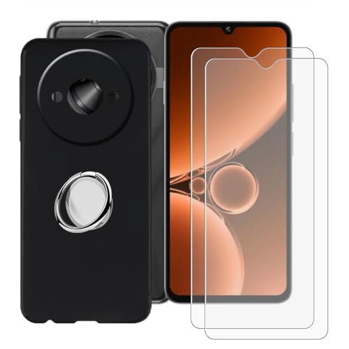 BUNALFaa Hülle + (2 Sätze) Gehärtetes Glas für Oukitel C59 (6.88") Handyhülle Silikon Cover Schutzhülle Schale Black Schutzhülle Bumpe r- mit Handy Ring Handyhalter Fingerhalter 360° - Schwarz von BUNALFaa
