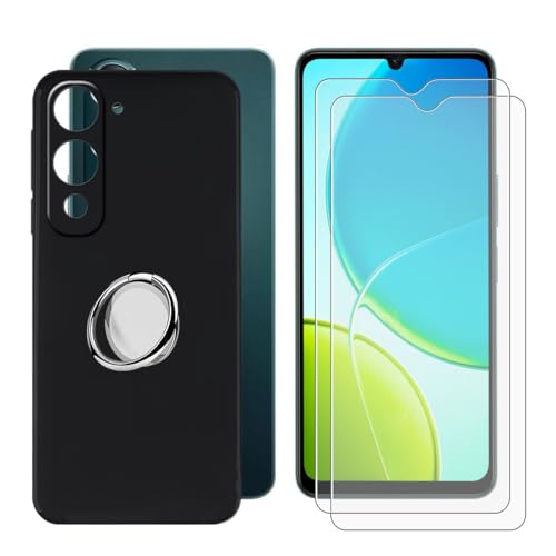 BUNALFaa Hülle + (2 Sätze) Gehärtetes Glas für Vivo Y37c (6.74") Handyhülle Silikon Cover Schutzhülle Schale Black Schutzhülle Bumpe r- mit Handy Ring Handyhalter Fingerhalter 360° - Schwarz von BUNALFaa
