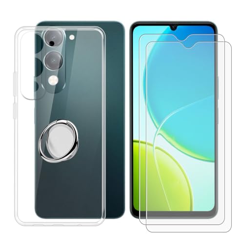 BUNALFaa Hülle + (2 Sätze) Gehärtetes Glas für Vivo Y37c (6.74") Handyhülle Silikon Cover Schutzhülle Schale Schutzhülle Bumper - mit Handy Ring Handyhalter Fingerhalter 360° - Transparent von BUNALFaa