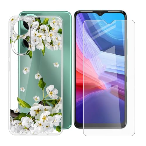BUNALFaa Hülle + Gehärtetes Glas für Alcatel 3 2025 (6.50") Handyhülle Silikon Cover rutschfeste Schutzhülle Schale Transparent Schutzhülle Bumper - Displayschutzfolie - Birnenblüte von BUNALFaa
