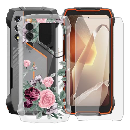 BUNALFaa Hülle + Gehärtetes Glas für Blackview 0scal pilot1 (6.67") Handyhülle Silikon Cover rutschfeste Schutzhülle Schale Transparent Schutzhülle Bumper - Displayschutzfolie - Zackige Blume von BUNALFaa