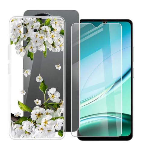 BUNALFaa Hülle + Gehärtetes Glas für Doogee Note 59 Pro+ (6.75") Handyhülle Silikon Cover rutschfeste Schutzhülle Schale Transparent Schutzhülle Bumper - Displayschutzfolie - Birnenblüte von BUNALFaa