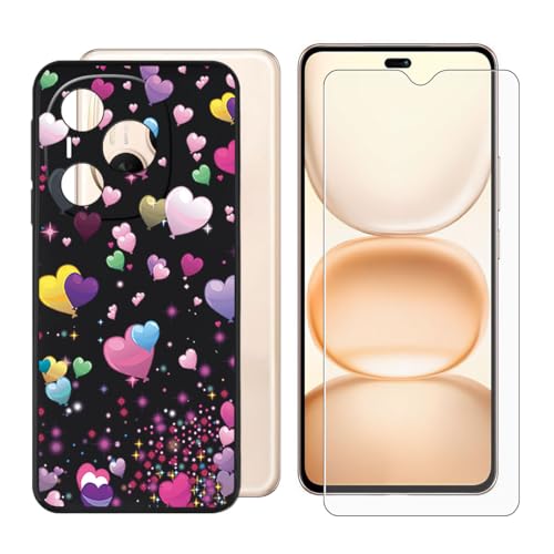 BUNALFaa Hülle + Gehärtetes Glas für Honor Power (6.78") Handyhülle Silikon Cover rutschfeste Schutzhülle Schale Black Schutzhülle Bumper - Displayschutzfolie - Buntes Herz von BUNALFaa