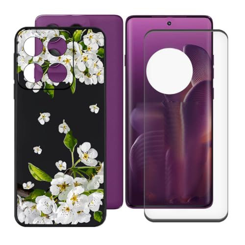 BUNALFaa Hülle + Gehärtetes Glas für Motorola Edge 60 Pro (6.67") Handyhülle Silikon Cover rutschfeste Schutzhülle Schale Black Schutzhülle Bumper - Displayschutzfolie - Birnenblüte von BUNALFaa