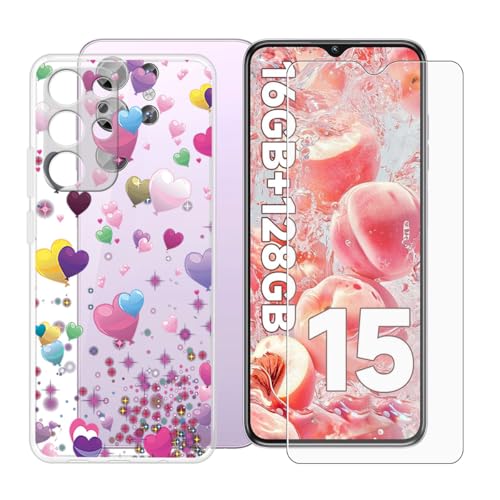 BUNALFaa Hülle + Gehärtetes Glas für Oukitel C1 (6.52") Handyhülle Silikon Cover rutschfeste Schutzhülle Schale Transparent Schutzhülle Bumper - Displayschutzfolie - Buntes Herz von BUNALFaa