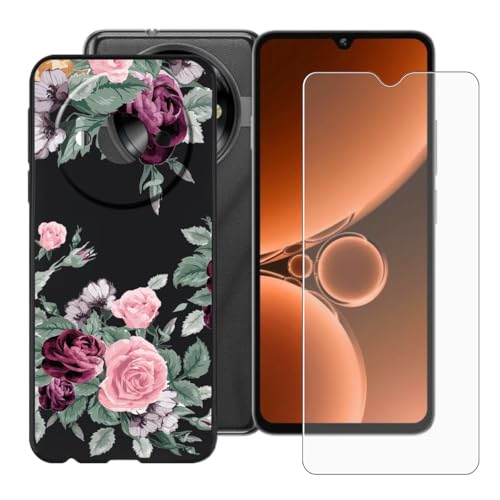 BUNALFaa Hülle + Gehärtetes Glas für Oukitel C59 (6.88") Handyhülle Silikon Cover rutschfeste Schutzhülle Schale Black Schutzhülle Bumper - Displayschutzfolie - Zackige Blume von BUNALFaa