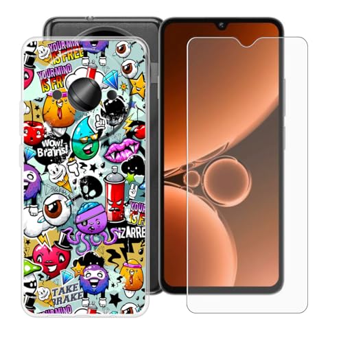 BUNALFaa Hülle + Gehärtetes Glas für Oukitel C59 (6.88") Handyhülle Silikon Cover rutschfeste Schutzhülle Schale Transparent Schutzhülle Bumper - Displayschutzfolie - Mehrere Augen von BUNALFaa