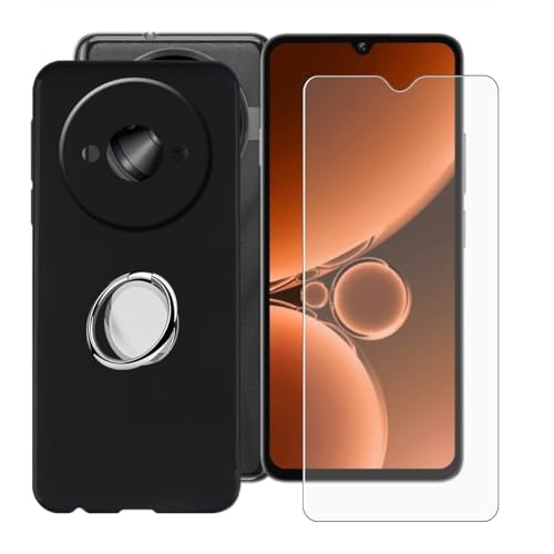 BUNALFaa Hülle + Gehärtetes Glas für Oukitel C59 Pro (6.88") Handyhülle Silikon Cover Schutzhülle Schale Schutzhülle Bumper - mit Handy Ring Handyhalter Fingerhalter 360° - Schwarz von BUNALFaa