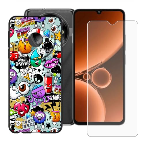 BUNALFaa Hülle + Gehärtetes Glas für Oukitel C59 Pro (6.88") Handyhülle Silikon Cover rutschfeste Schutzhülle Schale Black Schutzhülle Bumper - Displayschutzfolie - Mehrere Augen von BUNALFaa
