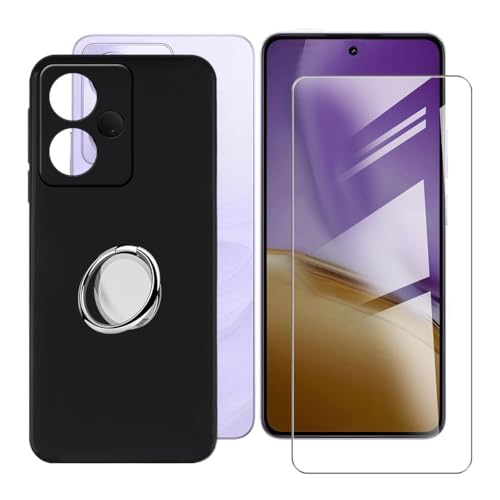 BUNALFaa Hülle + Gehärtetes Glas für Realme 14T 5G (6.67") Handyhülle Silikon Cover Schutzhülle Schale Schutzhülle Bumper - mit Handy Ring Handyhalter Fingerhalter 360° - Schwarz von BUNALFaa