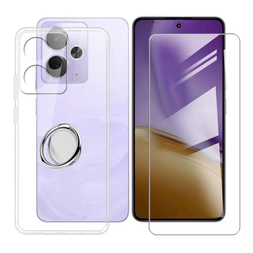 BUNALFaa Hülle + Gehärtetes Glas für Realme 14T 5G (6.67") Handyhülle Silikon Cover Schutzhülle Schale Schutzhülle Bumper - mit Handy Ring Handyhalter Fingerhalter 360° - Transparent von BUNALFaa