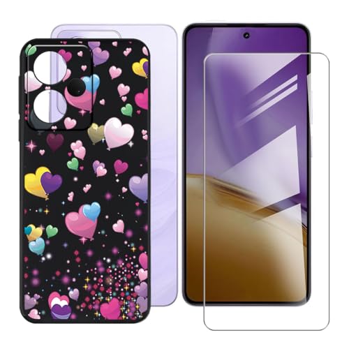 BUNALFaa Hülle + Gehärtetes Glas für Realme 14T 5G (6.67") Handyhülle Silikon Cover rutschfeste Schutzhülle Schale Black Schutzhülle Bumper - Displayschutzfolie - Buntes Herz von BUNALFaa