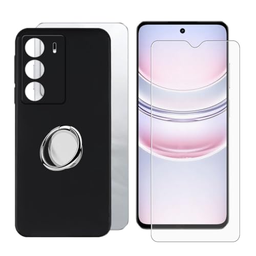 BUNALFaa Hülle + Gehärtetes Glas für Realme C75 5G (6.67") Handyhülle Silikon Cover Schutzhülle Schale Schutzhülle Bumper - mit Handy Ring Handyhalter Fingerhalter 360° - Schwarz von BUNALFaa