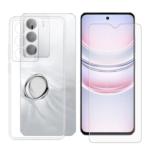 BUNALFaa Hülle + Gehärtetes Glas für Realme C75 5G (6.67") Handyhülle Silikon Cover Schutzhülle Schale Schutzhülle Bumper - mit Handy Ring Handyhalter Fingerhalter 360° - Transparent von BUNALFaa