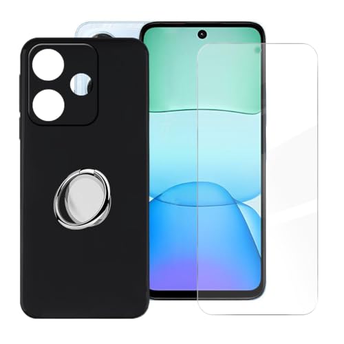 BUNALFaa Hülle + Gehärtetes Glas für Redmi 13X (6.79") Handyhülle Silikon Cover Schutzhülle Schale Schutzhülle Bumper - mit Handy Ring Handyhalter Fingerhalter 360° - Schwarz von BUNALFaa