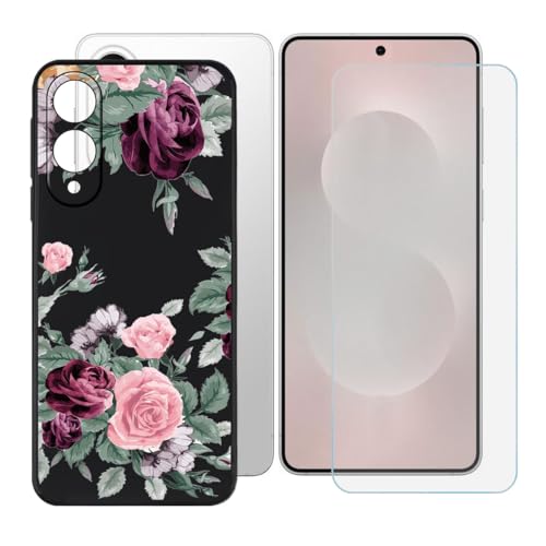 BUNALFaa Hülle + Gehärtetes Glas für Samsung Galaxy S25 Edge (6.70") Handyhülle Silikon Cover rutschfeste Schutzhülle Schale Black Schutzhülle Bumper - Displayschutzfolie - Zackige Blume von BUNALFaa