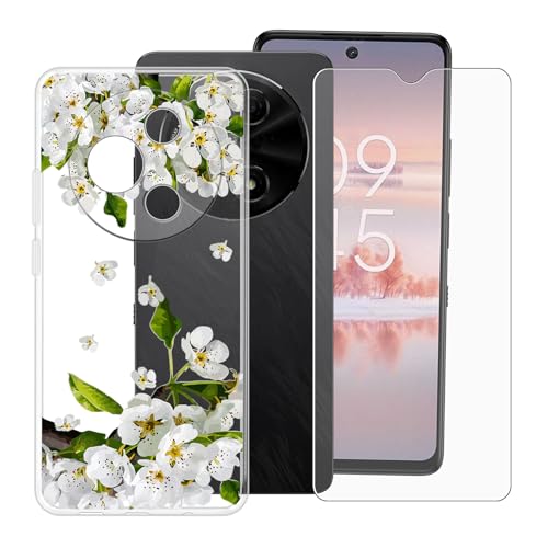 BUNALFaa Hülle + Gehärtetes Glas für TCL 60 NXTpaper (6.80") Handyhülle Silikon Cover rutschfeste Schutzhülle Schale Transparent Schutzhülle Bumper - Displayschutzfolie - Birnenblüte von BUNALFaa