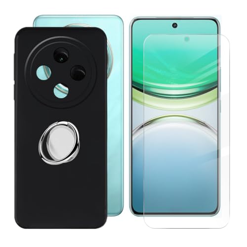 BUNALFaa Hülle + Gehärtetes Glas für Vivo T4 5G (6.77") Handyhülle Silikon Cover Schutzhülle Schale Schutzhülle Bumper - mit Handy Ring Handyhalter Fingerhalter 360° - Schwarz von BUNALFaa