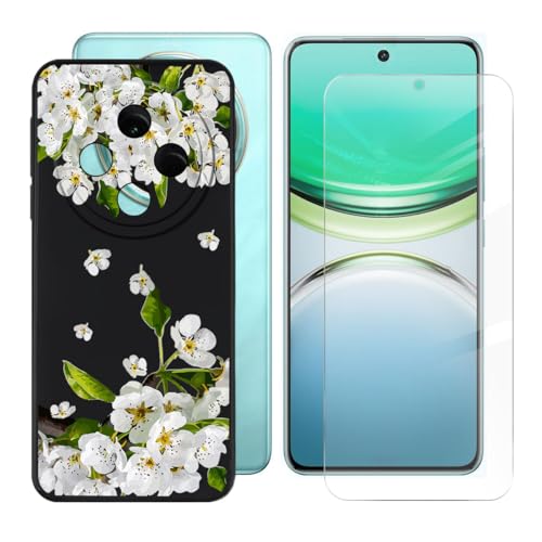 BUNALFaa Hülle + Gehärtetes Glas für Vivo T4 5G (6.77") Handyhülle Silikon Cover rutschfeste Schutzhülle Schale Black Schutzhülle Bumper - Displayschutzfolie - Birnenblüte von BUNALFaa