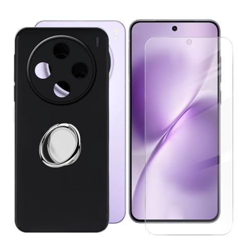 BUNALFaa Hülle + Gehärtetes Glas für Vivo X200S (6.67") Handyhülle Silikon Cover Schutzhülle Schale Schutzhülle Bumper - mit Handy Ring Handyhalter Fingerhalter 360° - Schwarz von BUNALFaa