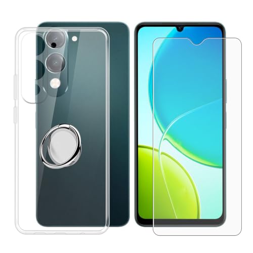 BUNALFaa Hülle + Gehärtetes Glas für Vivo Y37c (6.74") Handyhülle Silikon Cover Schutzhülle Schale Schutzhülle Bumper - mit Handy Ring Handyhalter Fingerhalter 360° - Transparent von BUNALFaa